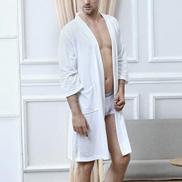 Lu's Chic Men's Waffle Kimono Robe Lightweight Spa Bathrobe Pockets Turkish Hotel Nightgown