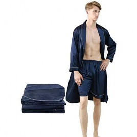 Man Satin Robe with Shorts and Pants Lightweight Silk Spa Bathrobe for Men Long-Sleeve Soft Nightgown