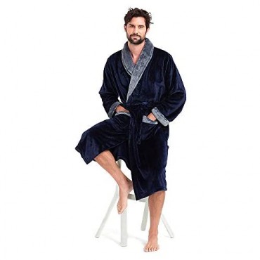 Mens Fleece Hooded Robe Terry Cloth Plush Soft Warm Long Bathrobe