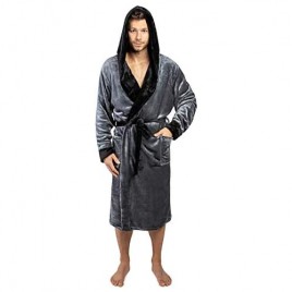 Mens Hooded Fleece Robe with Satin Trim and Shawl Collar | Plush and Warm Mens Bathrobe for Spa