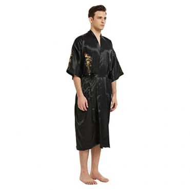 Mens Robe Chinese Silk Embroidered Dragon Pattern Kimono Bathrobe Yukata Pajamas with Waistband and Pockets