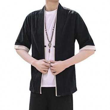 Men's Vintage Chinese Shirt Hanfu Style Cardigan Cotton Linen Half Sleeve Japanese Jinbei Haori Jacket
