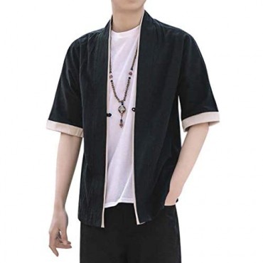 Men's Vintage Chinese Shirt Hanfu Style Cardigan Cotton Linen Half Sleeve Japanese Jinbei Haori Jacket