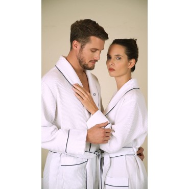 Men’s Waffle Robe with Piping – Lightweight Cotton Full Length Robe Ultra Soft Spa Sleepwear Bathrobe - Waffle Weave Robe