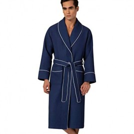 Men’s Waffle Robe with Piping – Lightweight Cotton  Full Length Robe  Ultra Soft Spa Sleepwear Bathrobe - Waffle Weave Robe