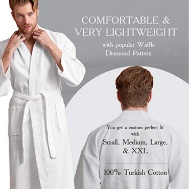 Men's Waffle Spa Bathrobe with 100% Cotton. Long Lightweight Men Robes Absorbent