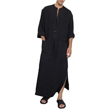 Pretifeel Mens Kaftan Thobe Hooded V Neck Cotton Long Grown Ankle Length Side Vents Lounge Robes