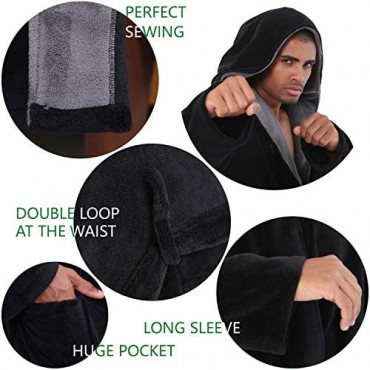 SeaKanana Mens Large Hooded Long Bathrobe with Chest Button Big Tall Fleece Housecoat Extra Lightweight and Warm