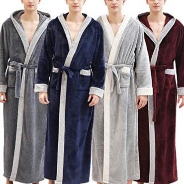 YFFUSHI Mens Coral Fleece Robe with Hood Plush Long Warm Home Bathrobes Sleepwear