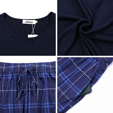Aibrou Mens Pajama Set Plaid Short Sleeve Top & Pants Cotton Pjs Sets Sleepwear