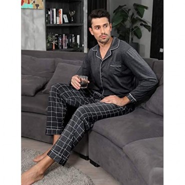 Akalnny Men's Pajama Set Cotton Soft Lightweight Sleepwear Long Sleeve Button Down T-Shirt Lounge Wear PJ Set with Pockets