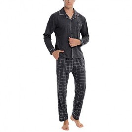Akalnny Men's Pajama Set Cotton Soft Lightweight Sleepwear Long Sleeve Button Down T-Shirt Lounge Wear PJ Set with Pockets
