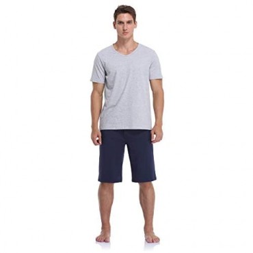COLORFULLEAF Men's Cotton Pajamas Sets Short Sleeve V Neck Shirt & Sleep Shorts Set Soft Lounge Sleepwear