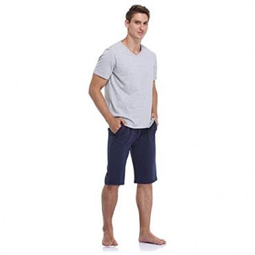 COLORFULLEAF Men's Cotton Pajamas Sets Short Sleeve V Neck Shirt & Sleep Shorts Set Soft Lounge Sleepwear