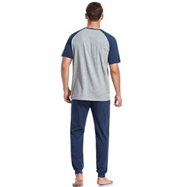 COLORFULLEAF Short Sleeve Pajamas for Men Cotton Sleepwear Jogger Sleep Set Raglan Shirt & Lounge Pants