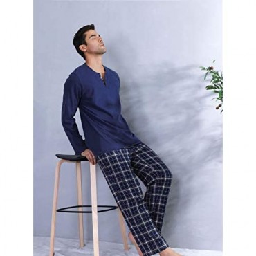DAVID ARCHY Men's Cotton Pajamas Henley Collar Sleepwear Soft Classic Button-Down Woven Long Sleeve Set