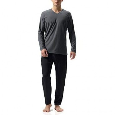 DAVID ARCHY Men's Cotton Sleepwear PJs V-Neck Lounge Wear Top and Bottom Long Pajamas Set