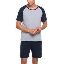 Ekouaer Mens Raglan Cotton Short-Sleeve Top Shorts Pajama Sets Super soft Sleepwear Lounge Set Navy Blue