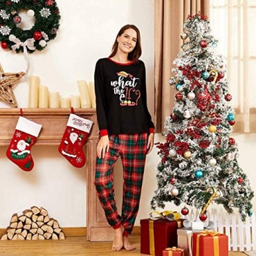 IFFEI Matching Family Pajamas Sets Christmas PJ's Letter Print Top and Plaid Bottom Sleepwear Jammies