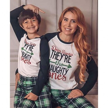 IFFEI Matching Family Pajamas Sets Christmas PJ's Letter Print Top and Plaid Pants Sleepwear