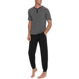 KINGBEGA Men's Cotton Sleepwear PJs Henley Shirts for Men Lounge Wear Top and Bottom Long Pajamas Set