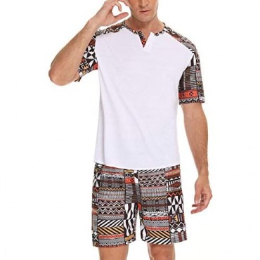 KINGBEGA Men's Short Sleeve Henley Cotton Pajama Set with Shorts