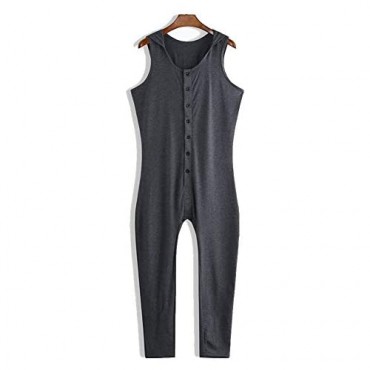 Men Plain Onesies Pajamas Sleeveless Back Open Hooded Breathable Sports Casual Buttons Jumpsuit