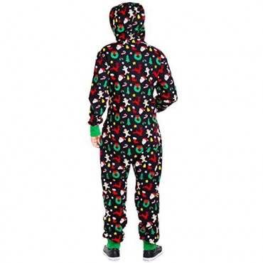 Men's Cozy Christmas Onesie Pajamas - Black Holiday Cookie Cutter Adult Cozy Jumpsuit