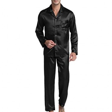 Men's Satin Pajamas Long Button-Down Pj Set Sleepwear Loungewear