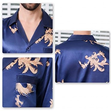 Mens Satin Pajamas Set Classic Silky Sleepwear Button-Down Dragon Home Loungewear