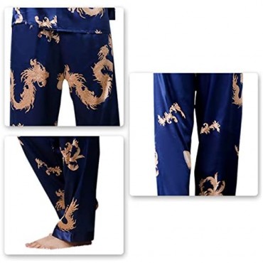 Mens Satin Pajamas Set Classic Silky Sleepwear Button-Down Dragon Home Loungewear