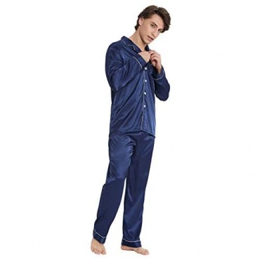 PIZZ ANNU Mens&Womens Satin Pajamas Set Couples Set Long Sleeve Sleepwear Loungewear 2 Piece Pjs Set with Free Eye Mask