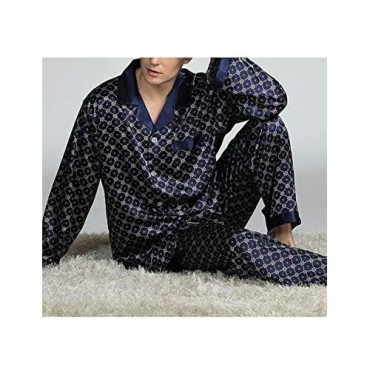 PUWEI Men's Long Sleeve Silk Satin Classic Printed Pajama Set Luxury Silky Pajamas Sleepwear