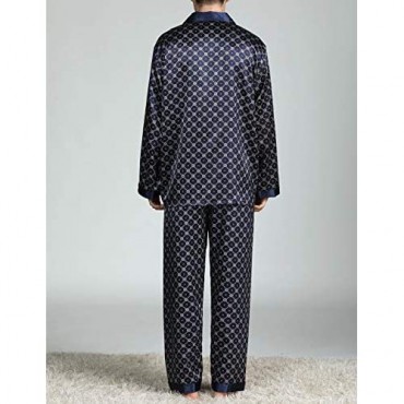 PUWEI Men's Long Sleeve Silk Satin Classic Printed Pajama Set Luxury Silky Pajamas Sleepwear