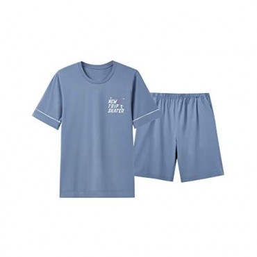 SANQIANG Men's Lightweight Cotton Christmas Short Pajamas Set Soft Navy Stripes Crew Neck Sleepwear S-2XL
