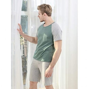 YIMANIE Mens Pajama Set Short Sleeve Cotton Sleepwear Plaid Shorts Summer Set Loungewear