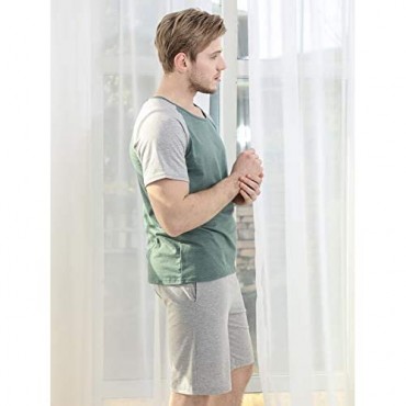 YIMANIE Mens Pajama Set Short Sleeve Cotton Sleepwear Plaid Shorts Summer Set Loungewear