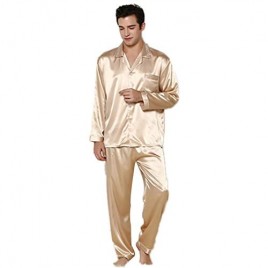 ZUEVI Men's Satin Pajamas Set Gold Color Classic Silky Couples Sleepwear Set