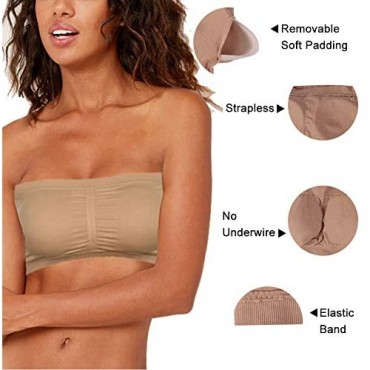 YIDUODE Women's Bandeau Bra Seamless Tube Top Bra with Removable Pads 1-3 Pack