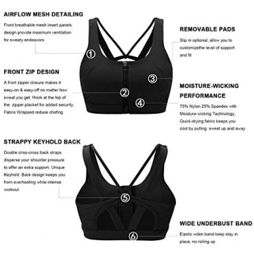 Cordaw Sports Bras with Zipper Front Medium High Impact Support Strappy Back Workout Bra Tops