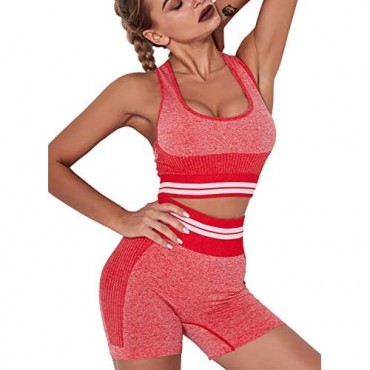 OQQ Exercise Outfit Women Seamless Workout 2 Piece Yoga High Waist Shorts Racerback with Sport Bra Set