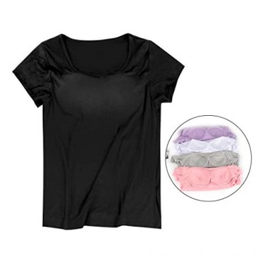 Women T-Shirts with Built in Bra Modal Yoga Camisole with Shelf Padded Bra Casual Short Sleeve T-Shirts for Women