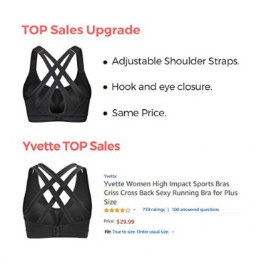 Yvette Sports Bras for Women Adjustable Criss-Cross Back High Impact for Running