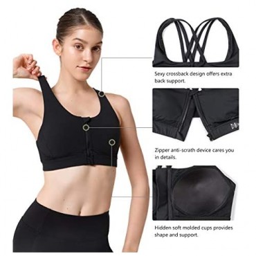 Yvette Strappy Zip Front Sports Bra High Impact Workout Bra for Running Spinning Dancing Women