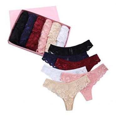 BIONEK Womens Lace Thongs Sexy Panties Stretchy Cheeky Underwear No Show Panty Briefs All Lace T-Back Pack of 6