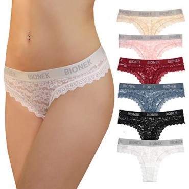 Womens Lace Thongs BIONEK Logo Sexy Thong G-String Bikini Panty Cheeky Underwear Tangas T Back Low Waist 6 Pack
